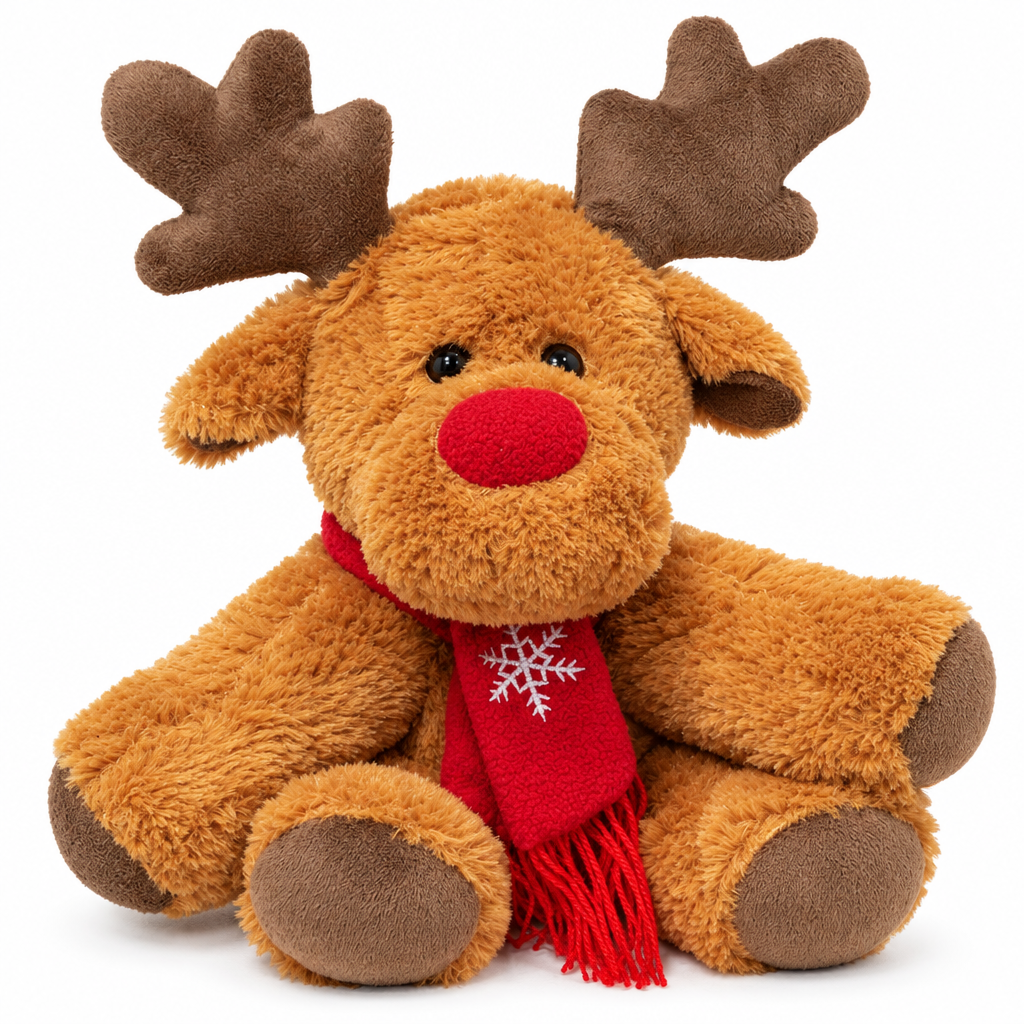 Fluffy reindeer plush with a red nose and red scarf on a white background