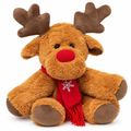 Fluffy reindeer plush with a red nose and red scarf on a white background