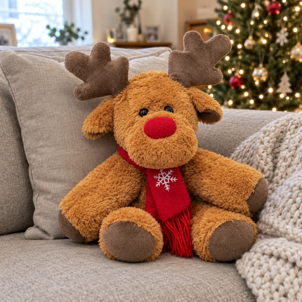 Fluffy reindeer plush with a red scarf sitting on a sofa near a Christmas tree