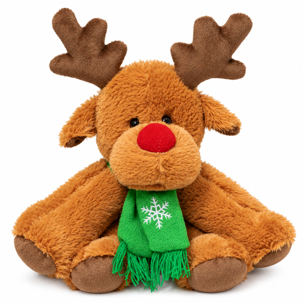Fluffy reindeer plush with a red nose and green scarf on a white background