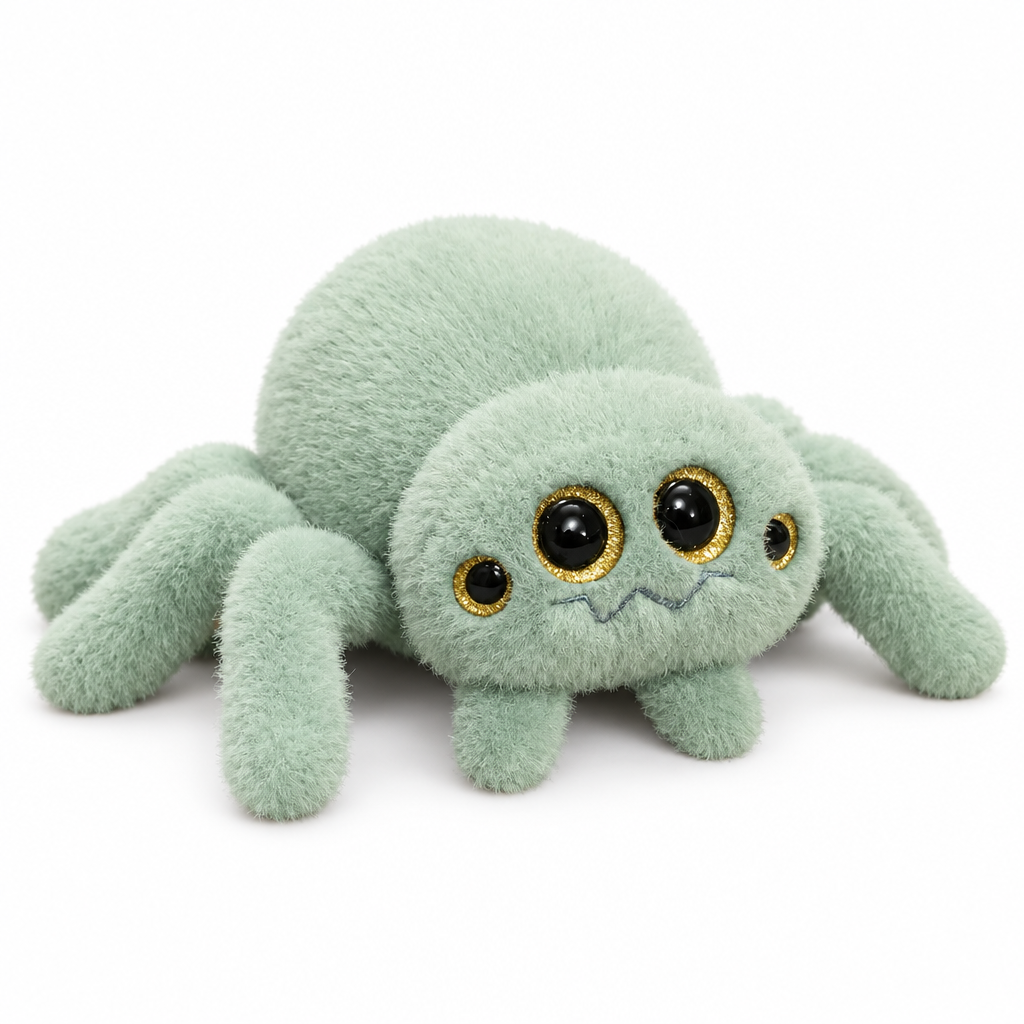 Mint green four-eyed spider plush with stubby legs on a white background