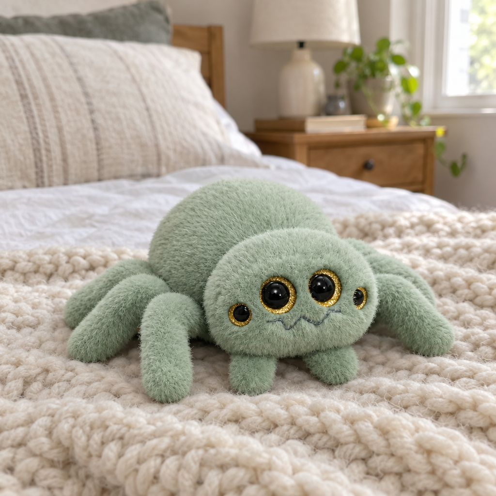 Mint four-eyed spider plush sitting on a knit blanket on a bed
