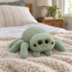 Mint four-eyed spider plush sitting on a knit blanket on a bed