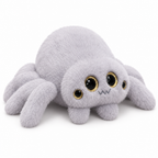 Light gray four-eyed spider plush with stubby legs on a white background