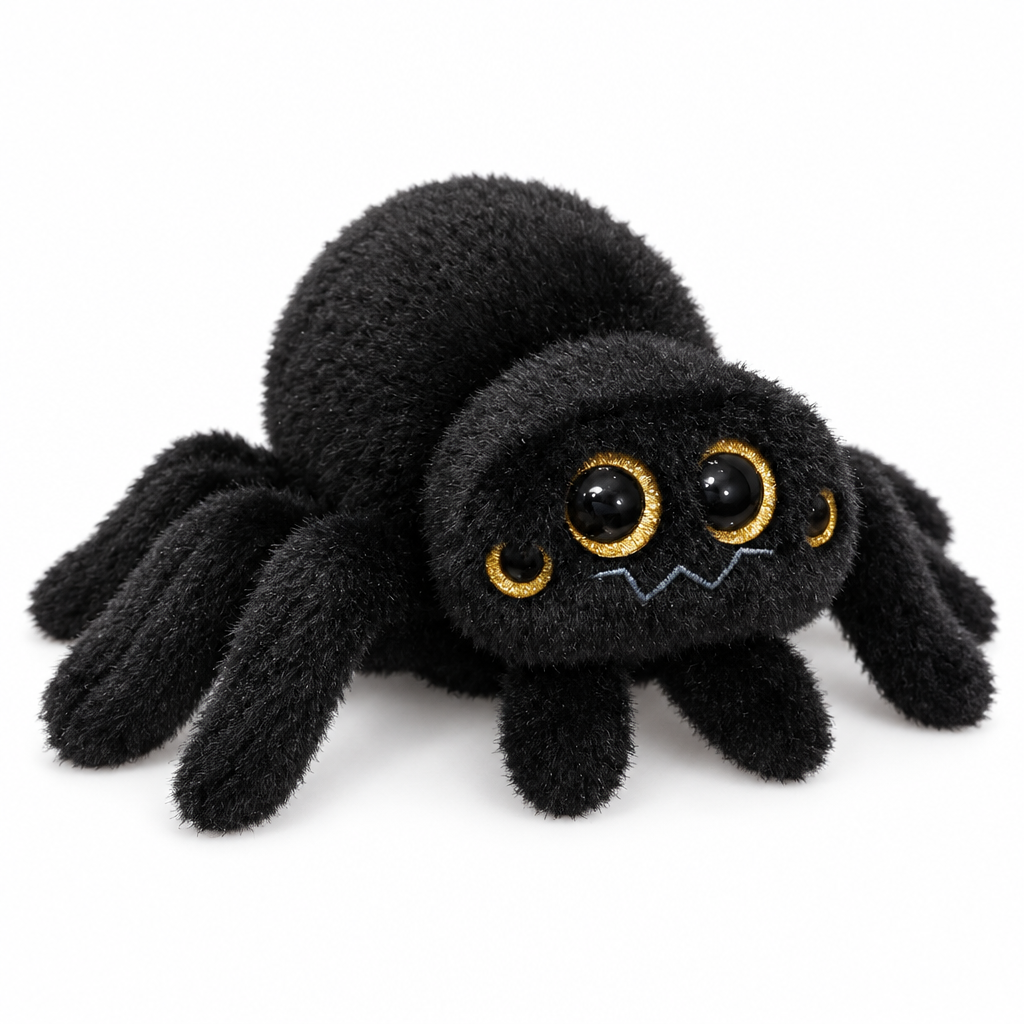 Black four-eyed spider plush with fuzzy legs on a white background