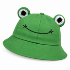 Green frog bucket hat with padded eyes and an embroidered smile on a white background