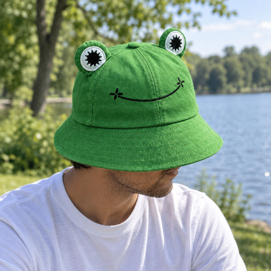 Adult wearing the green frog bucket hat in a park, seen from behind