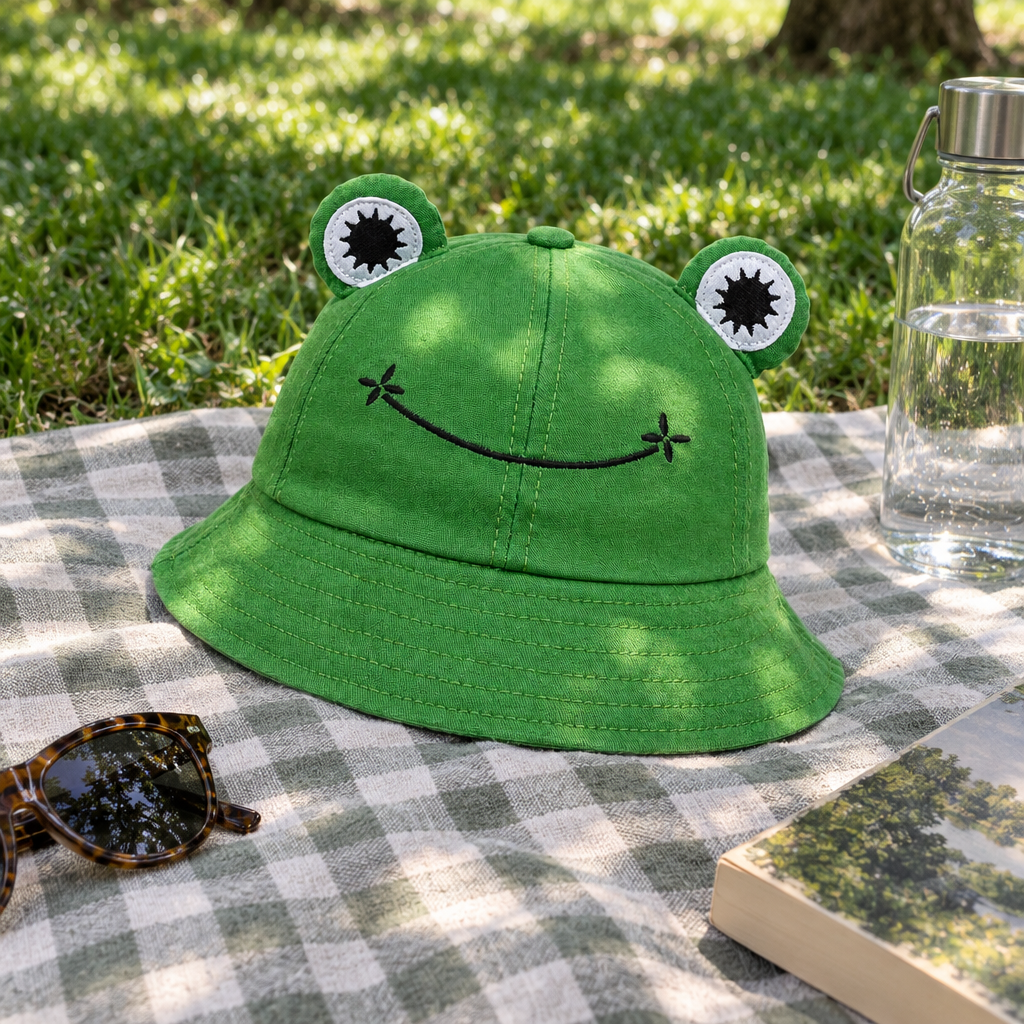 Green frog bucket hat on a picnic blanket next to sunglasses and a book