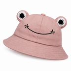 Dusty pink frog bucket hat with padded eyes and an embroidered smile on a white background