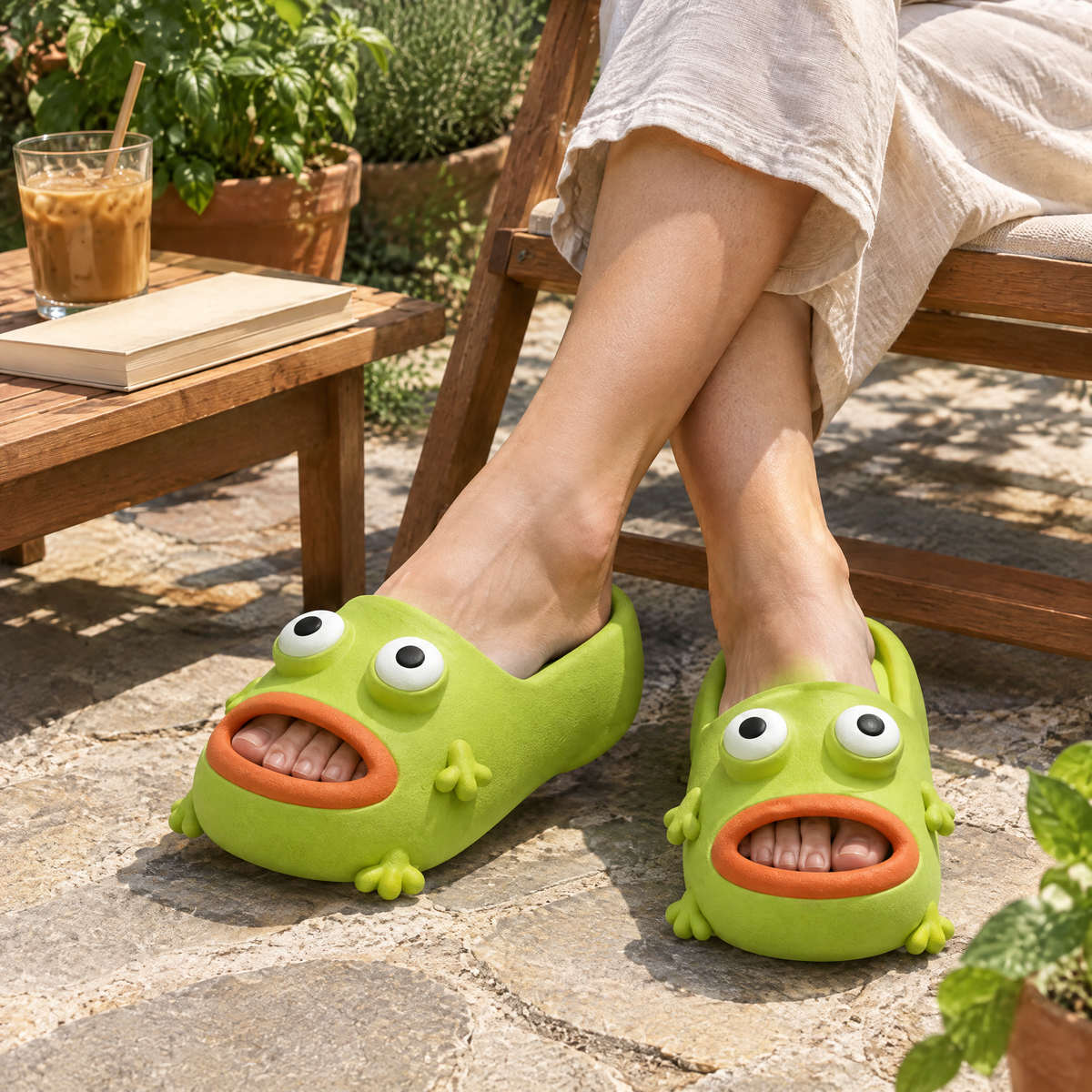 Apple Green Frog Cloud Slides worn on a sunny patio beside a book and iced coffee