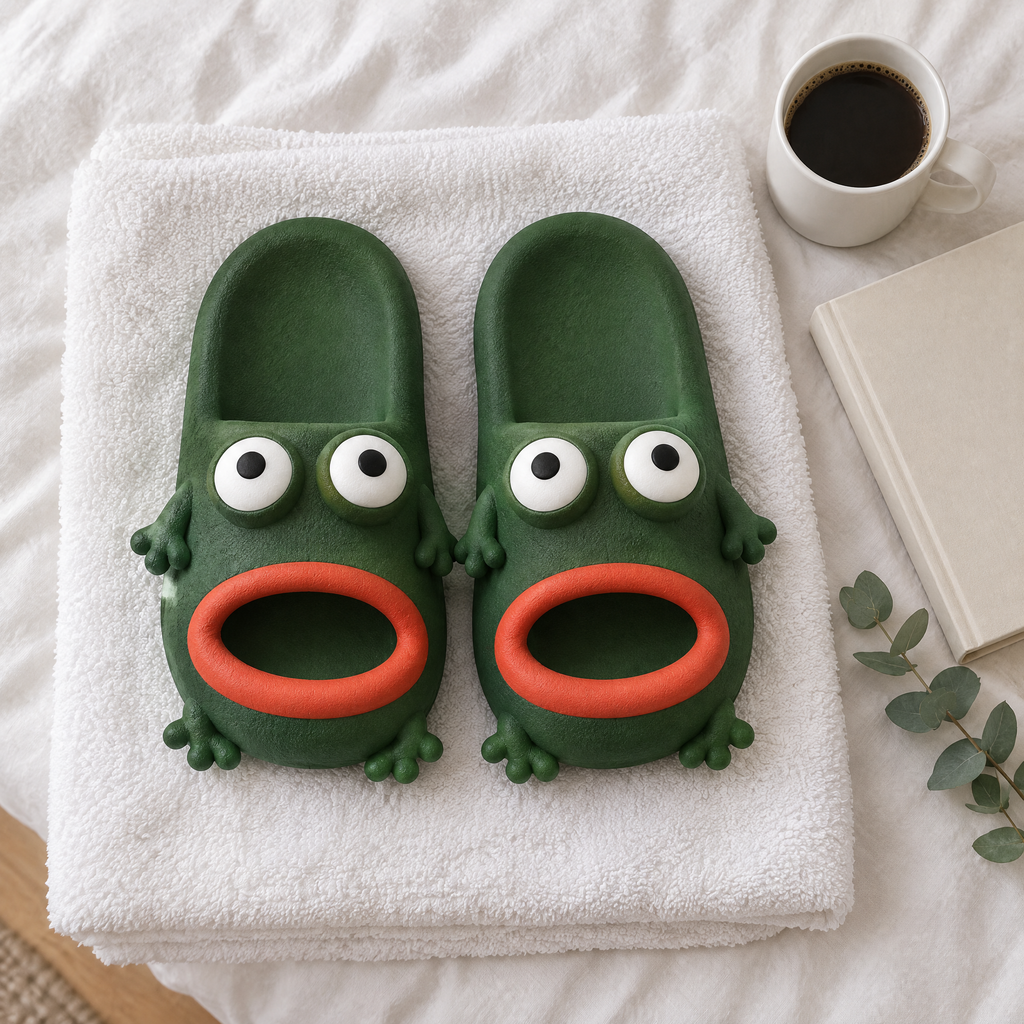 Dark Green Frog Cloud Slides flat lay on a white towel with coffee, a book and greenery