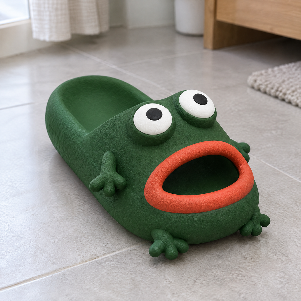 Close-up of a dark green frog cloud slide on a tiled floor, showing its thick cushioned sole