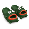 Pair of dark green frog cloud slides with bulging eyes on a white background
