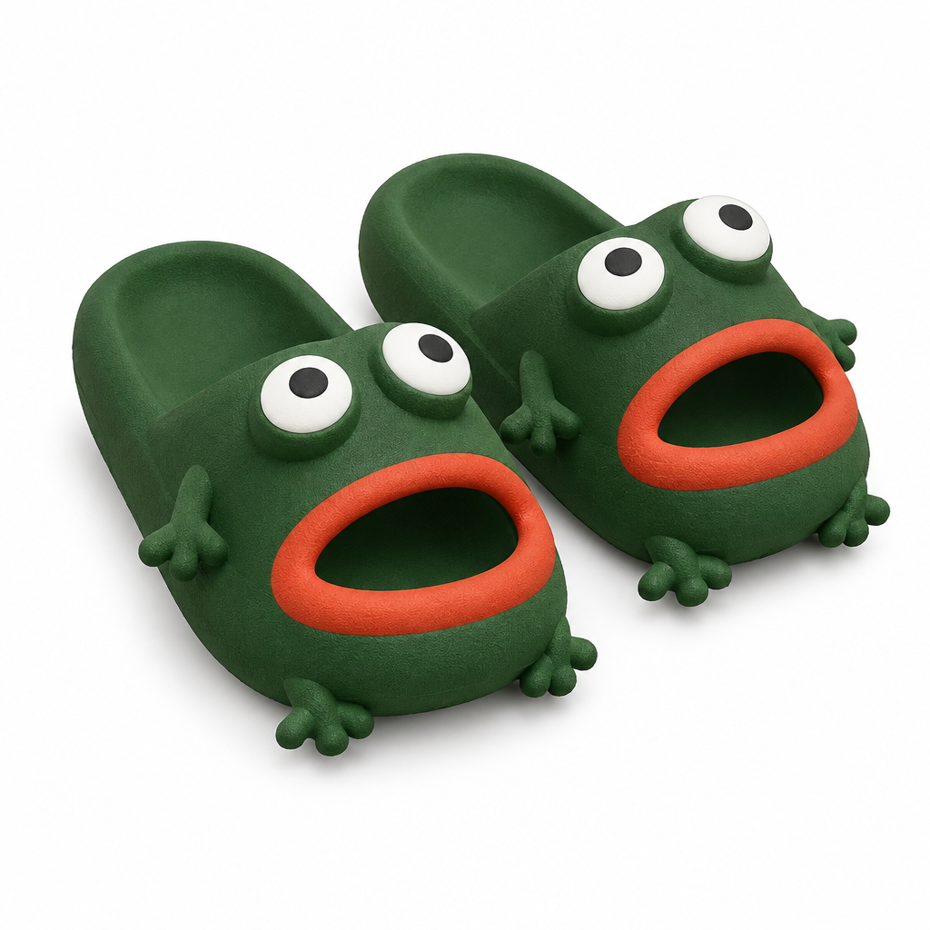 Pair of dark green frog cloud slides with bulging eyes on a white background