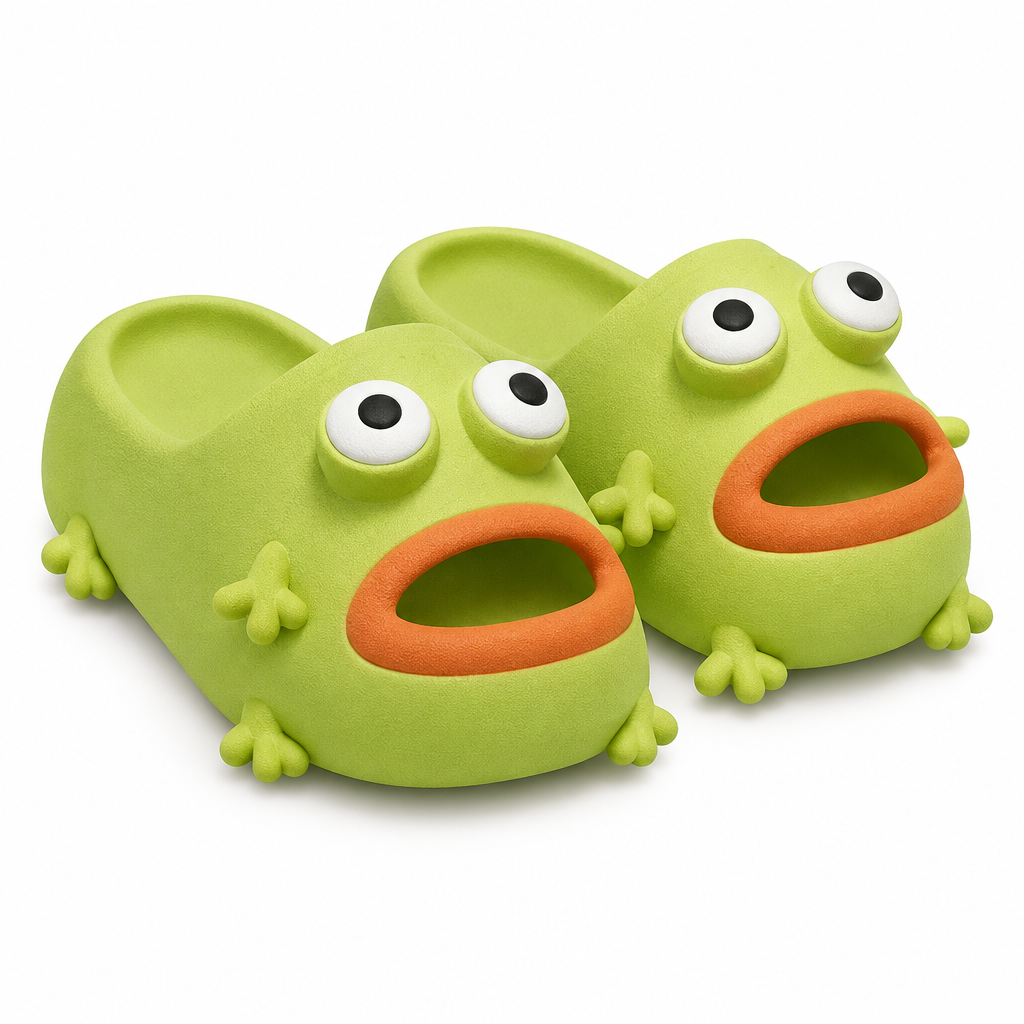 Pair of apple green frog cloud slides with bulging eyes on a white background