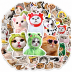 Pile of funny cat photo stickers with white borders on a white background