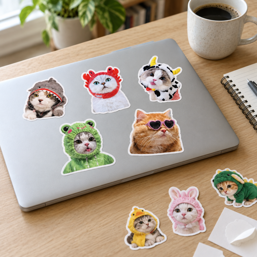 Funny cat photo stickers on a laptop lid on a wooden desk