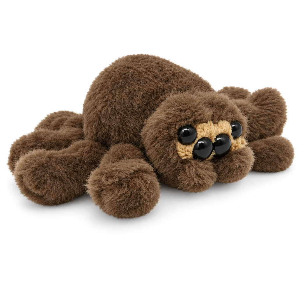 Fluffy brown spider plush with four bead eyes on a white background