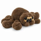 Fluffy brown spider plush with four bead eyes on a white background