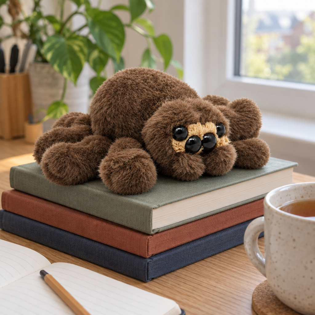 Fuzzy brown spider plush resting on a stack of books on a wooden desk