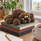 Fuzzy brown spider plush resting on a stack of books on a wooden desk