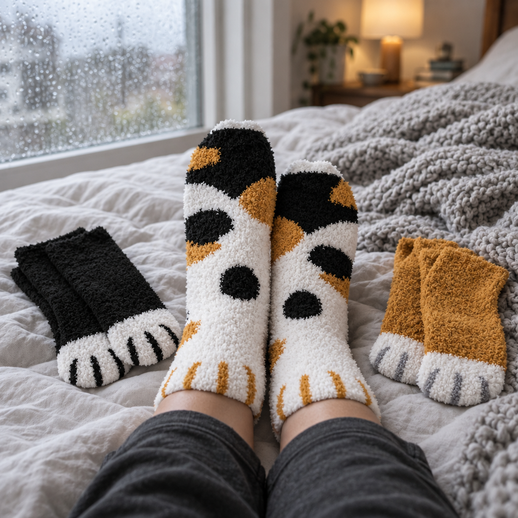 Adult feet in calico fuzzy cat paw socks on a bed next to the black and ginger pairs