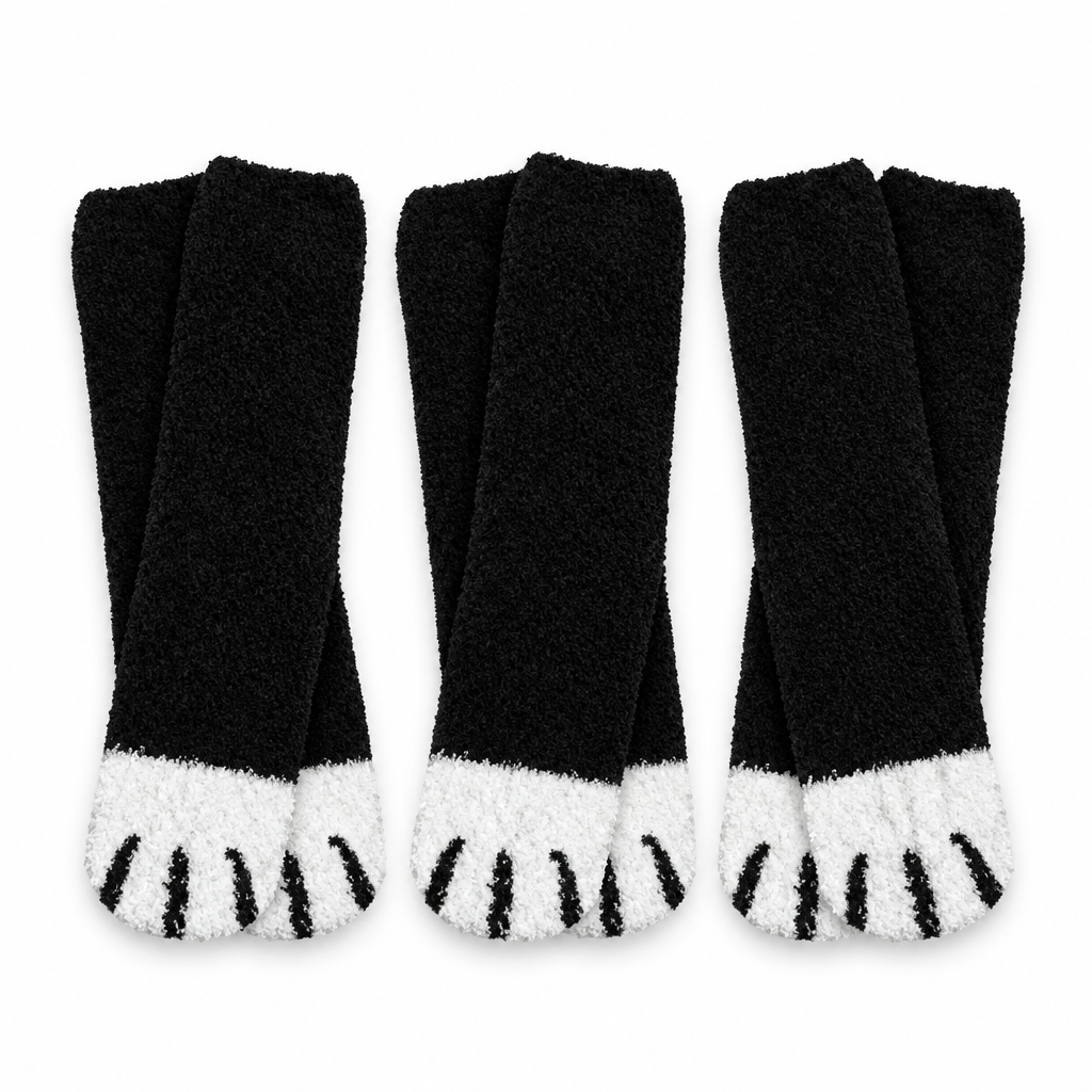 Three pairs of black fuzzy cat paw socks on a white background