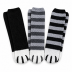 Three pairs of fuzzy cat paw socks in black, gray stripes and black stripes on a white background