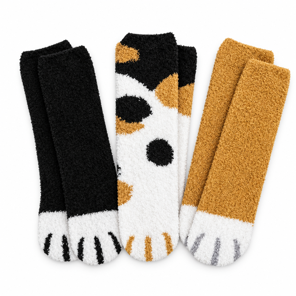 Three pairs of fuzzy cat paw socks in black, calico and ginger on a white background