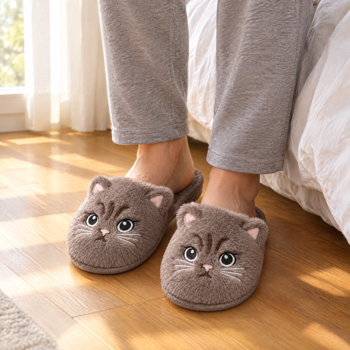 Taupe Fuzzy Cat Slippers worn on a wooden bedroom floor beside the bed in morning light