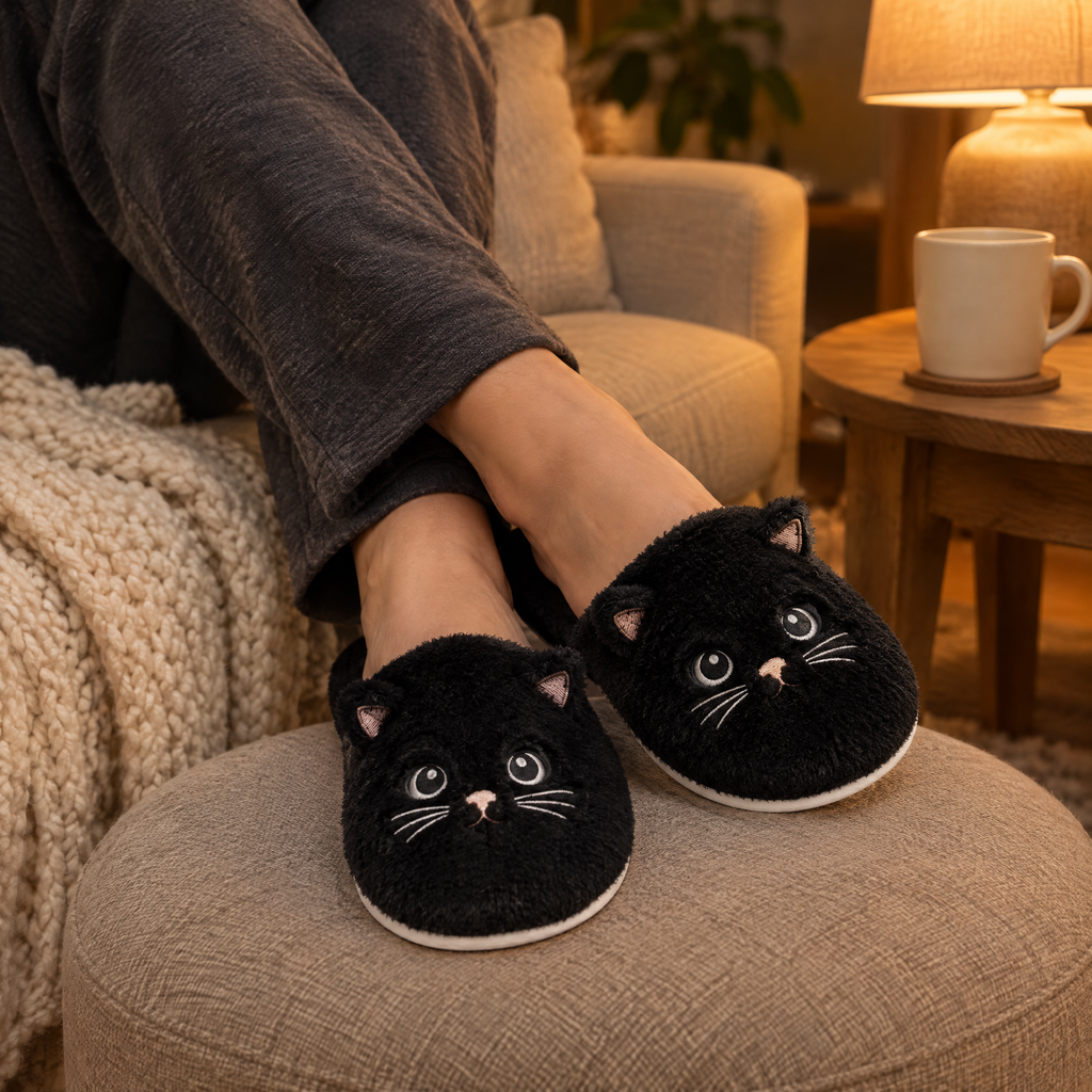 Black Fuzzy Cat Slippers worn with ankles crossed on a footstool in warm lamp light