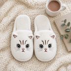 White Fuzzy Cat Slippers flat lay on a knit blanket with cocoa, a book and greenery