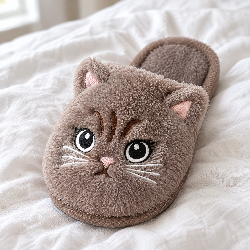 Close-up of a taupe fuzzy cat slipper on white linen bedding showing its face and texture