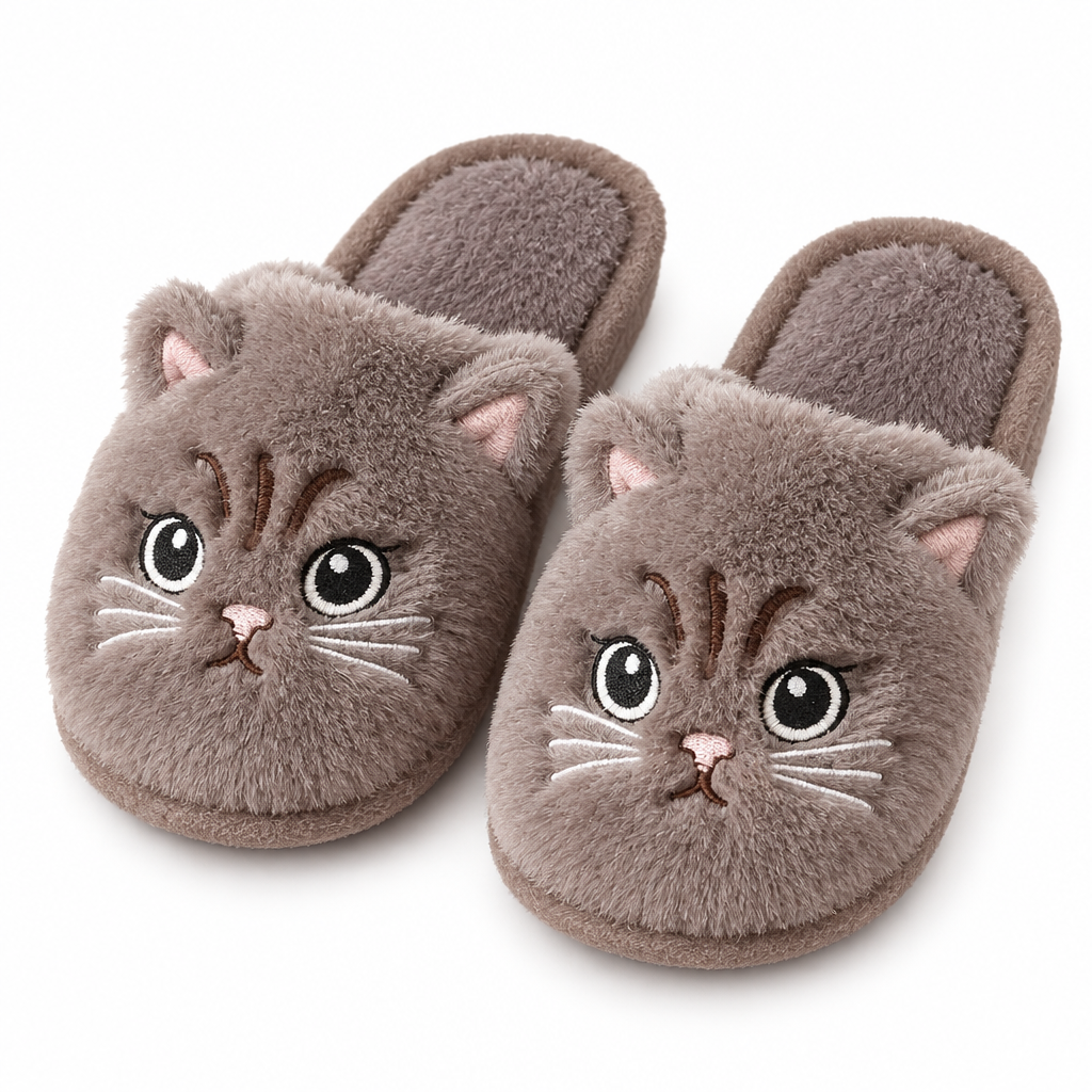 Taupe fuzzy cat face slippers on a white background