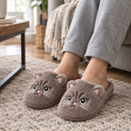 Adult feet wearing taupe fuzzy cat slippers on a living room rug