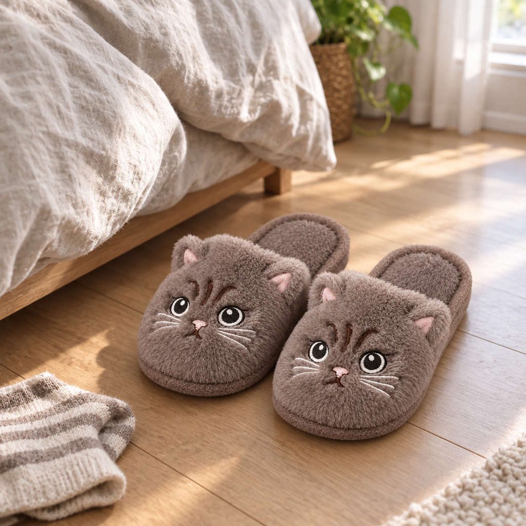 Pair of taupe fuzzy cat slippers on a bedroom floor next to the bed
