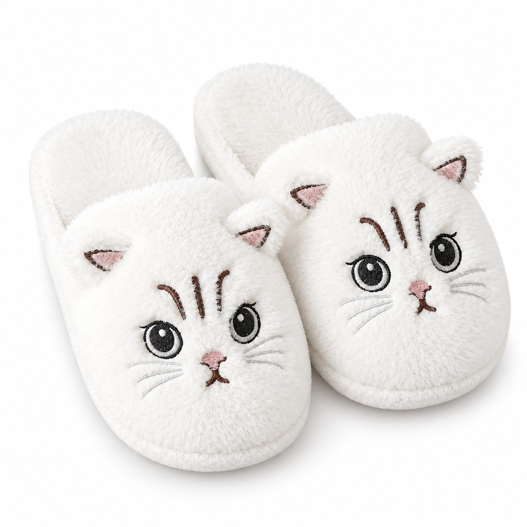 White fuzzy cat face slippers on a white background