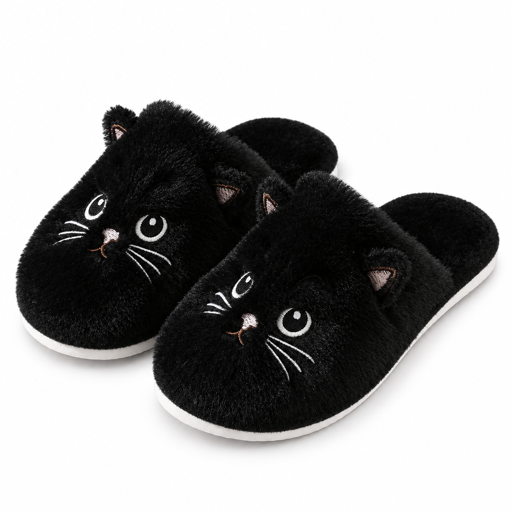 Black fuzzy cat face slippers on a white background