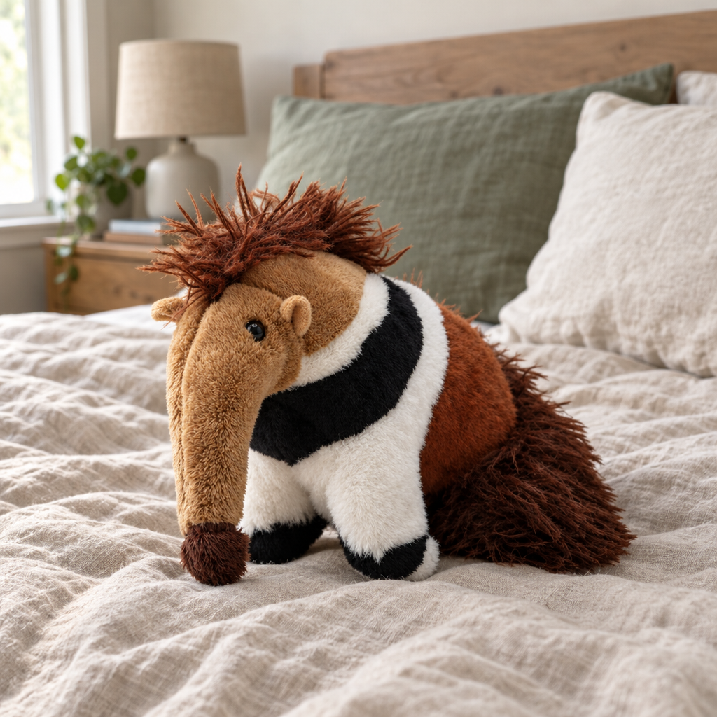 Giant anteater plush sitting on a made bed in front of pillows