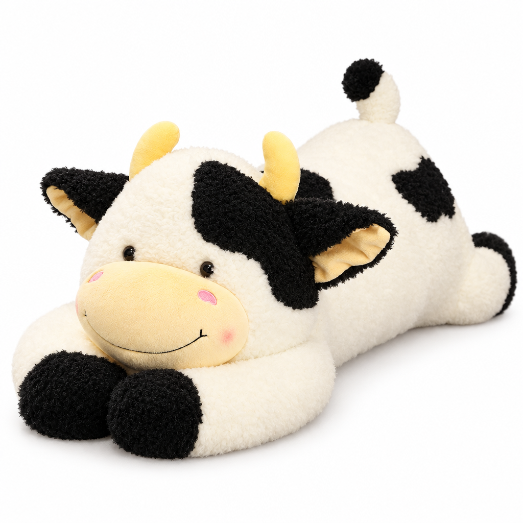 Giant cream cow plush with black spots lying on its belly on a white background