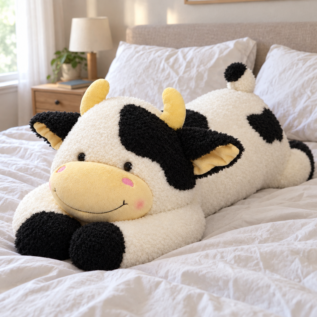 Giant black-and-white cow plush lying along a made bed