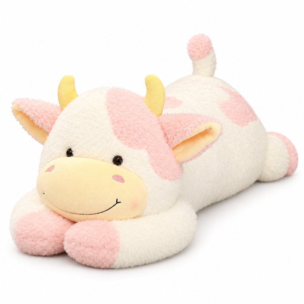 Giant cream cow plush with pastel pink spots lying on its belly on a white background