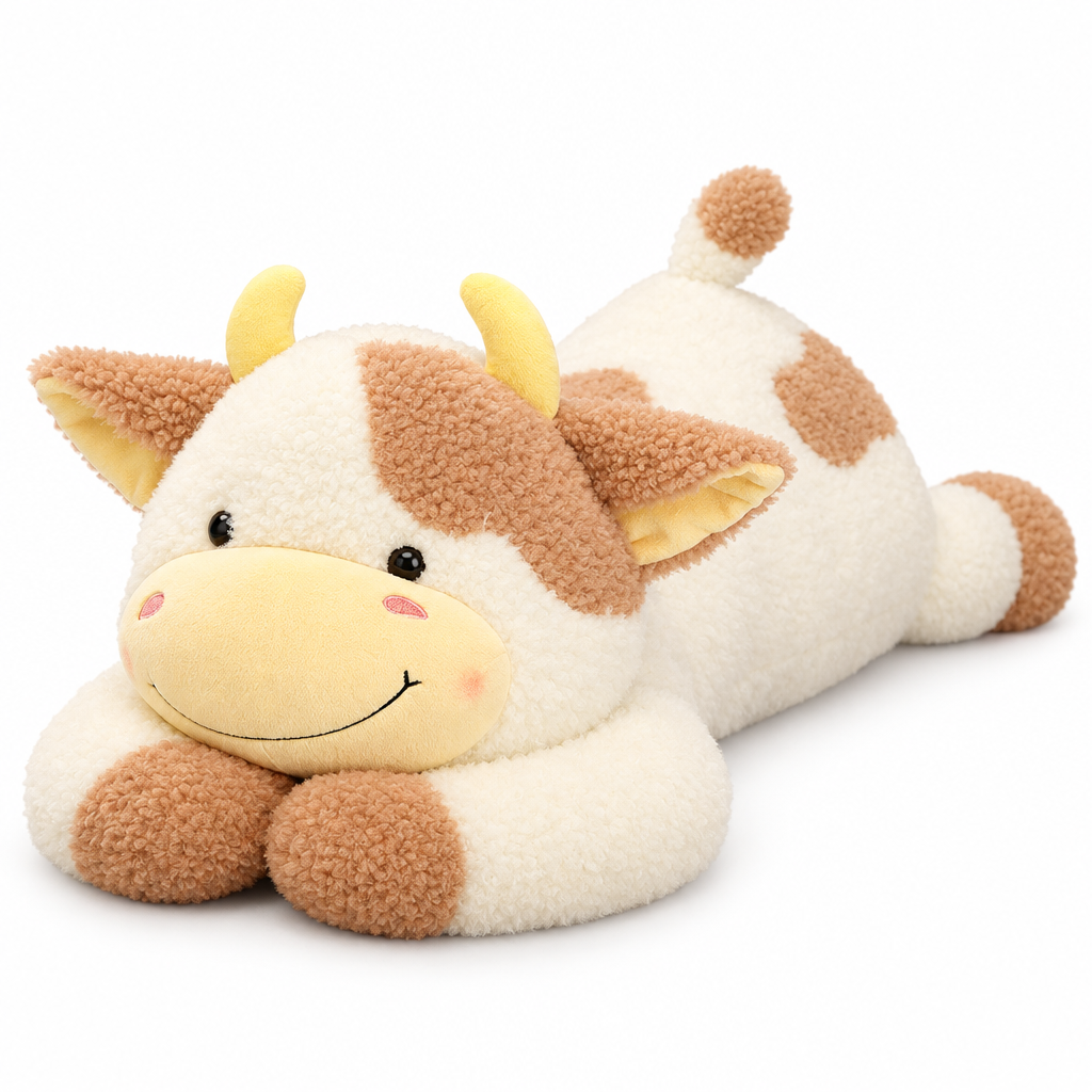 Giant cream cow plush with caramel brown spots lying on its belly on a white background