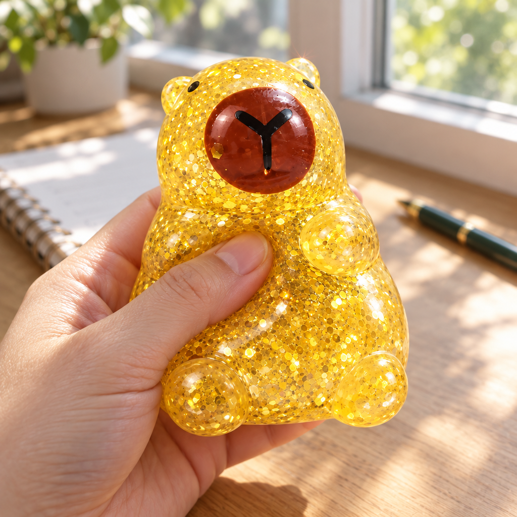 Gold glitter capybara squeeze toy held in a hand by a sunny window