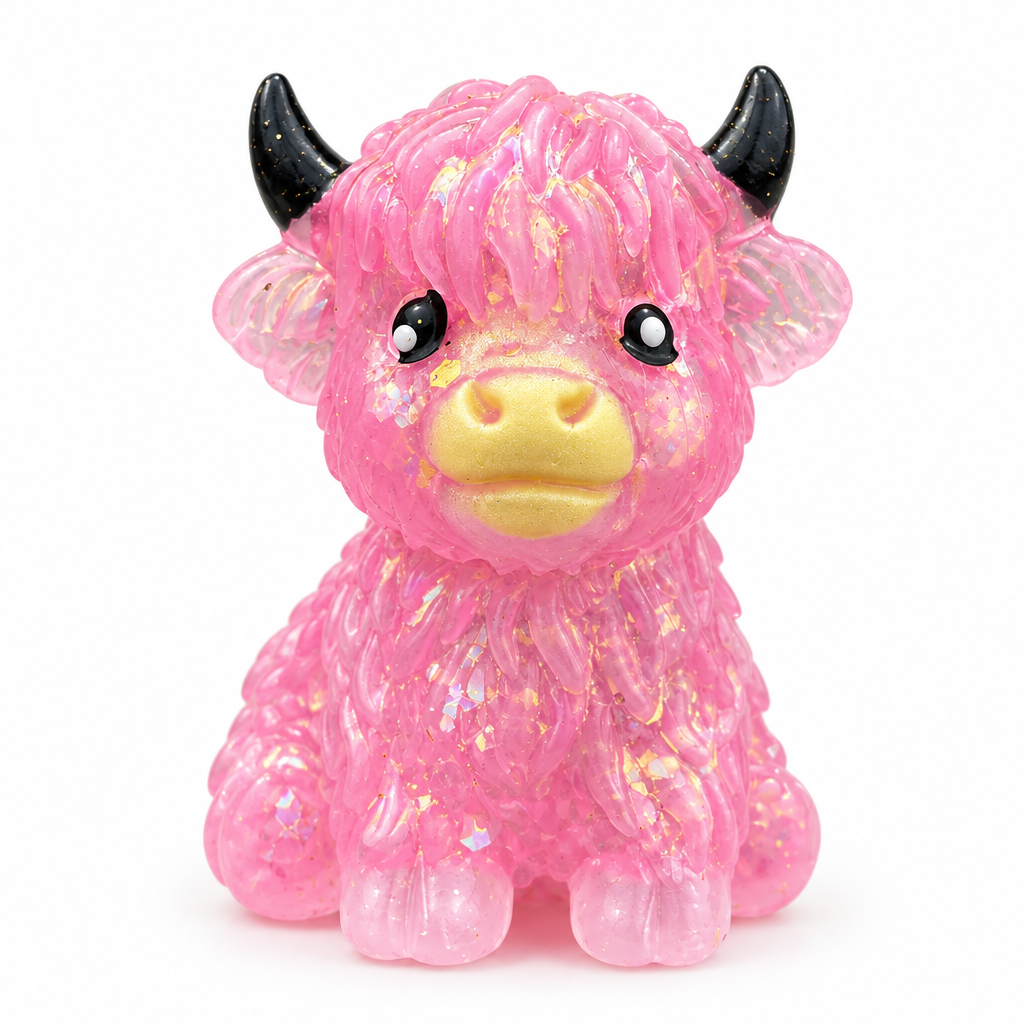 Pink glitter highland cow squishy on a white background