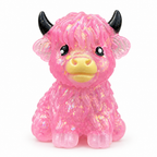 Pink glitter highland cow squishy on a white background