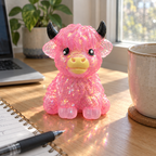 Pink glitter highland cow squishy on a wooden desk next to a notebook