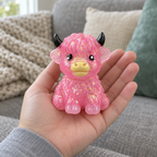 Adult hand holding the pink glitter highland cow squishy to show its size