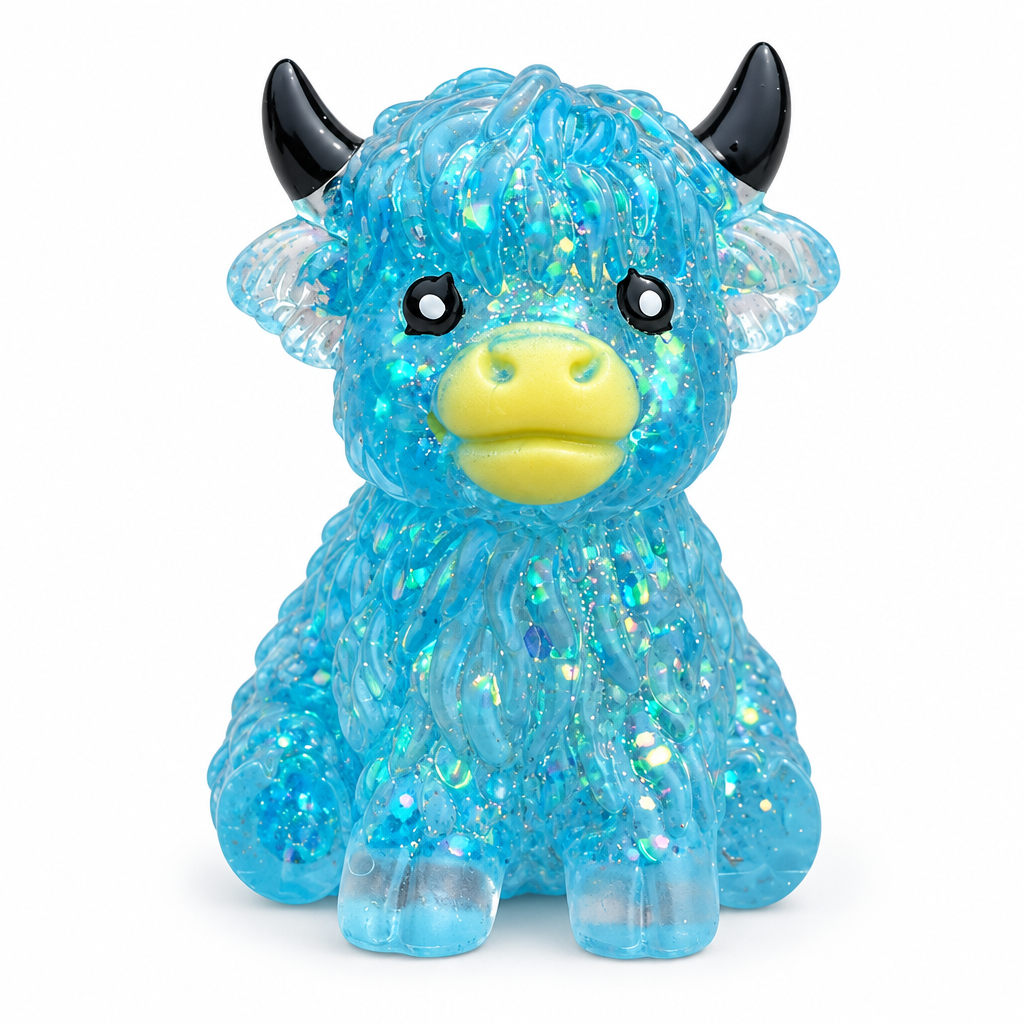 Blue glitter highland cow squishy on a white background