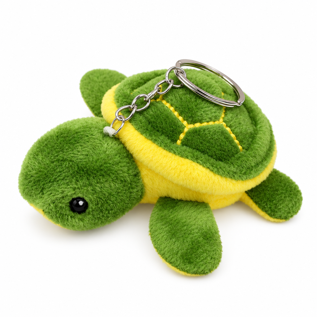 Green sea turtle plush keychain with a yellow-trimmed shell on a white background